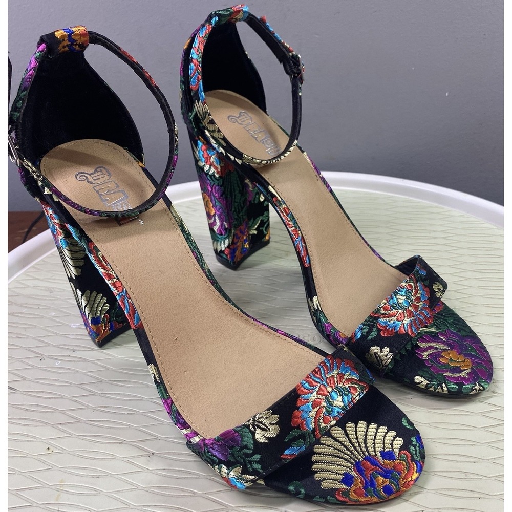 Brash Womens Metallic Floral Brocade chunky heel Dress Shoes Wedding Formal 9.5